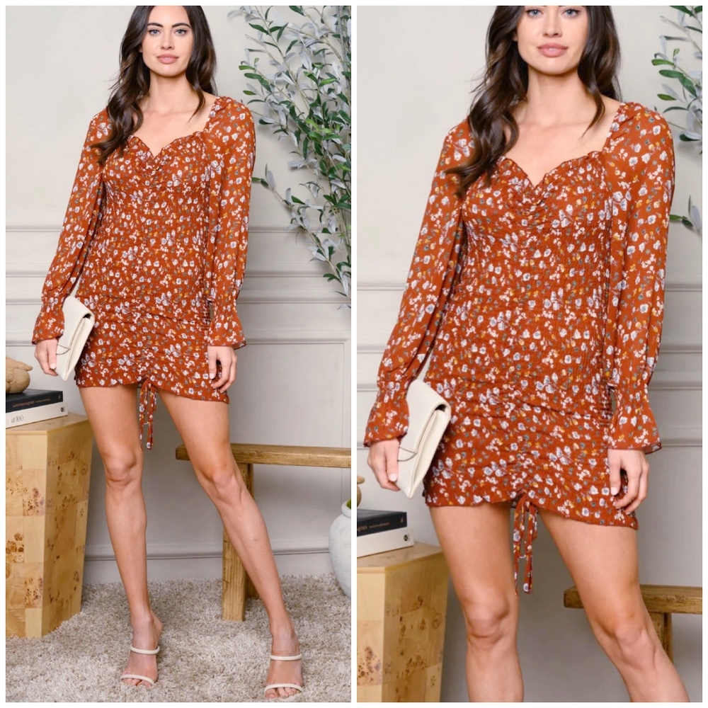PAPERMOON Stitch Fix Dark Rust Floral Ruched Long Sleeves Dress - Picture 6 of 9